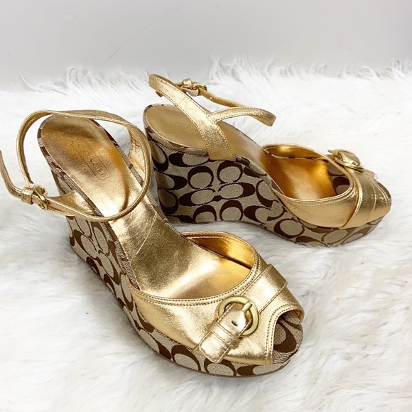 Coach Gold Maxina Sling back Wedge Monogram sandals 9b - Picture 4 of 13